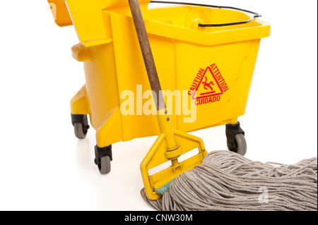 Close-up of Industrial mop and bucket isolated on white background with paths Stock Photo