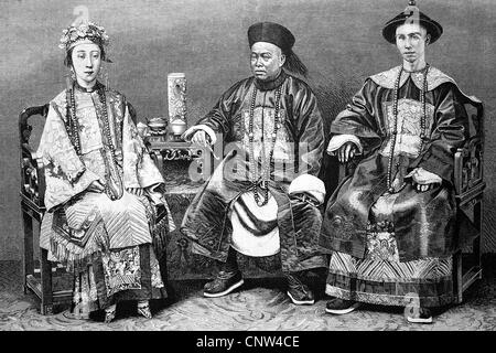 Military and civil Mandarin men beside a Mandarin woman in Imperial China, historical wood engraving, 1886 Stock Photo