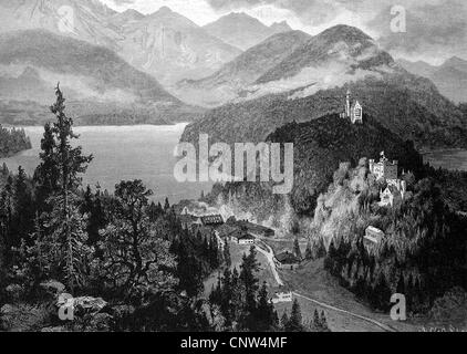 Hohenschwangau Castle and Neuschwanstein Castle as seen from the Jugend mountain ridge, Bavaria, Germany, historical wood engrav Stock Photo