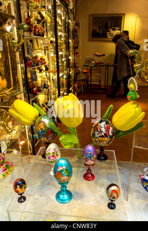 Paris, France, Art Gallery, Gift Shop Window Displays, Colorful Objects, Easter Eggs, Galerie Victor F with the Peterhof Galerie , in the Marais District Stock Photo