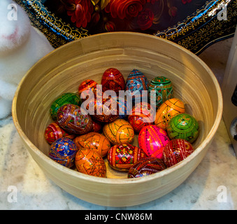 Paris, France, Close up, Art Gallery, Gift Shop Window Display, Easter Eggs in Basket, 'Galerie Victor F' with the 'Peterhof Galerie' , in the Marais District Stock Photo