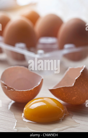 Close up of broken eggshells and yolk Stock Photo