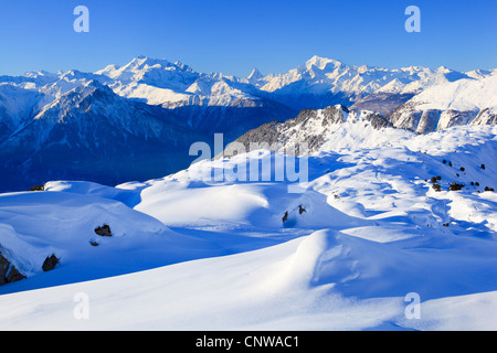 panoramic view at the Valais Alps on Alphubel (4206 m), Dom (4545 m), Mischabelhorns, Matterhorn (4477 m) and Weisshorn (4505 m), Switzerland, Valais Stock Photo