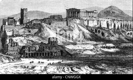 geography / travel, Greece, Athens, Acropolis with Parthenon, in the foreground the ruins of the Odeion, wood engraving, 1868, Additional-Rights-Clearences-Not Available Stock Photo