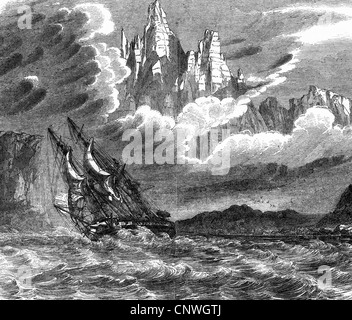 transport / transportation, navigation, warships, British frigate HMS 'Meander' in the Strait of Magellan', circa 1850, wood engraving, 19th century, Additional-Rights-Clearences-Not Available