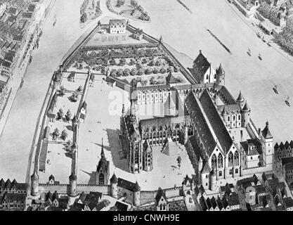 geography / travel, France, Paris, Royal Palace on the Ile de la Cite, eraly 14th century, reconstruction, wood engraving, 19th century, castle, ricer, Seine, island, middle ages, Kingdom, Western Europe, historic, historical, medieval, people, Additional-Rights-Clearences-Not Available Stock Photo