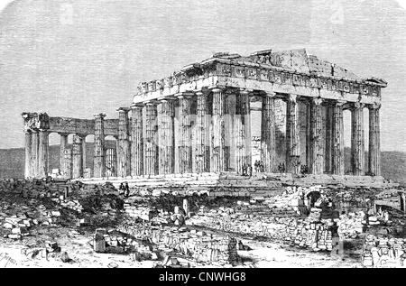 geography / travel, Greece, Athens, Acropolis, Parthenon, exterior view, wood engraving after drawing by E. Thernond, 1860, Additional-Rights-Clearences-Not Available Stock Photo