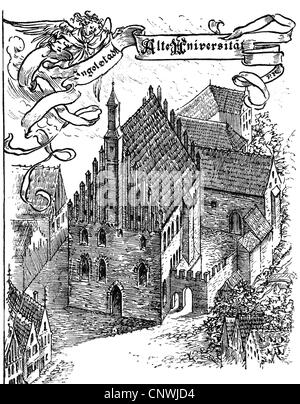 geography / travel, Germany, Ingolstadt, buildings, old university, wood engraving, 19th century, after an older illustration, historic, historical, Bavaria, education, architecture, medieval, mediaeval, building, middle ages, people, Additional-Rights-Clearences-Not Available Stock Photo