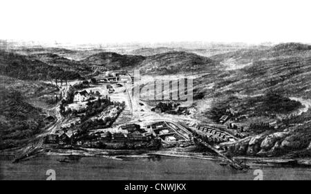 Nobel, Alfred, 21.10.1833 - 10.12.1896, Swedish chemist, inventor of dynamite, the dynamite factory Kuemmel (Germany) at the time of the beginning of the production, illustration, Stock Photo