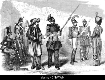 events, Crimean War 1853 - 1856, French auxiliaries for the Orient, from left: Lanzier, Sappeur, Zouave, Chasseur de Vincennes, Carabiner, Chasseur d'Afrique, Guide, wood engraving, 1854, military, soldiers, expedition forces, infantry, cavalry, chasseurs, lanciers, lancers, carabiniers, zouaves, sappeurs, sappers, guides, hussars, Afrique, 19th century, historic, historical, people, Additional-Rights-Clearences-Not Available Stock Photo