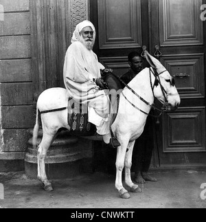 geography / travel, Egypt, people, Sheikh on mule, photography by G.Lekegian & Co., late 19th century, historic, historical, mules, native, Egyptian, Arab, Arabian, old man, servant, servants, riding, rider, donkey, donkeys, animal, Additional-Rights-Clearences-Not Available Stock Photo