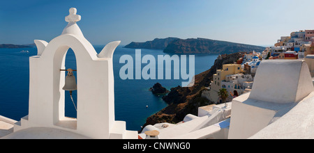 A panoramic image of the village of Oia on the greek island of Santorini. Stock Photo