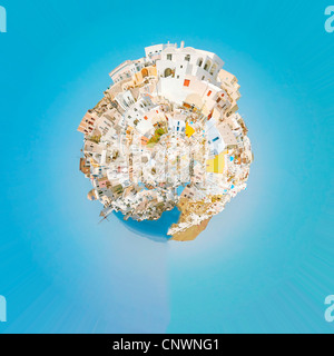 A panoramic image of the village of Oia on the greek island of Santorini made into the shape of a planet. Stock Photo