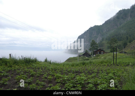 Baklan Station on the Circum-Baikal Railway, the historical part of Trans-Siberian railway, on Lake Baikal, Russia. Stock Photo