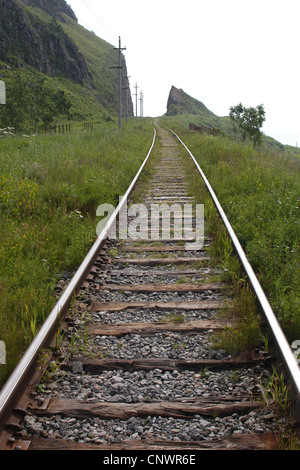 Sail Rock on the Circum-Baikal Railway, the historical part of Trans-Siberian railway, on Lake Baikal, Russia. Stock Photo