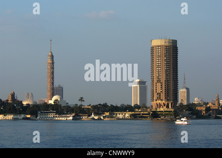 The Cairo Tower and El Gezirah Sofitel Hotel at Gezira Island in the Nile in Cairo, Egypt. Stock Photo