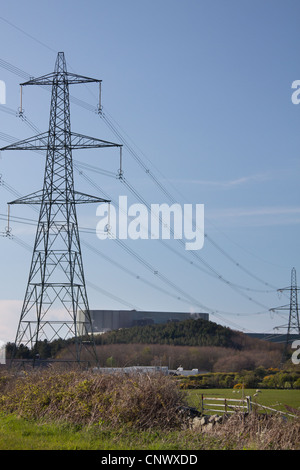 High voltage electricity pylons leading from the Wylfa Nuclear Power Station, Cemaes, Anglesey Stock Photo