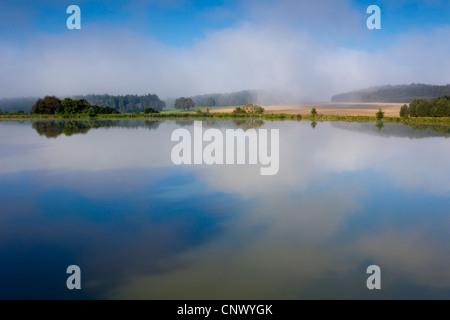 lake Poehl in morning mist, Germany, Saxony, Vogtland, Talsperre Poehl Stock Photo