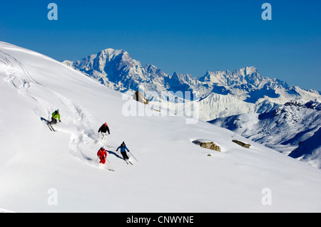 ski off piste, on the back the mont Blanc, France Stock Photo
