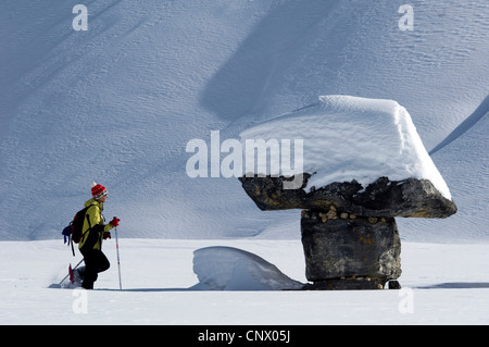 snow shoe hiker in north of Alps mountains, France Stock Photo