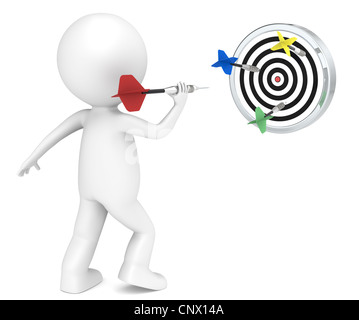 3D Little Human Character throwing Darts. Red, green, blue and Yellow. Stock Photo