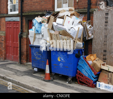 Full, Overflowing Waste Bins And Fly Tipped Rubbish On Side Of City 