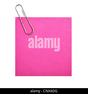 Blank paper with clip (pink) isolated over white background Stock Photo