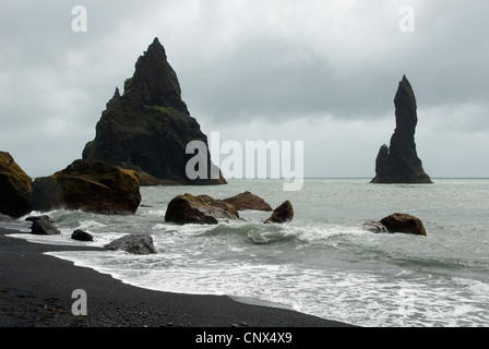 bay at moor valley at Reynisfjara beach with ocean view on bizarre rock towers and needles, Iceland, M�rdalur, Vik i Myrdal Stock Photo
