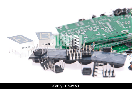 PCBs with different electronic components isolated on white background Stock Photo