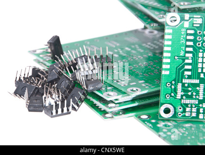 PCBs with different electronic components isolated on white background Stock Photo
