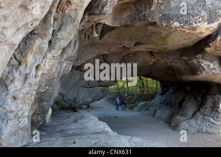 hiker at Kuhstall, Germany, Saxony, Saxon Switzerland National Park Stock Photo