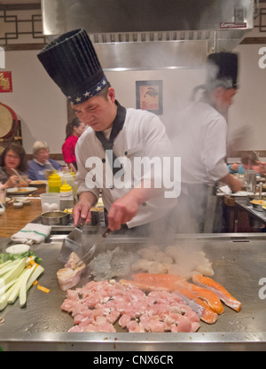 Japanese hibachi chef cooking Stock Photo