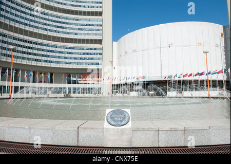 View of UN Memorial Plaza with flags and UN buildings in background. Stock Photo