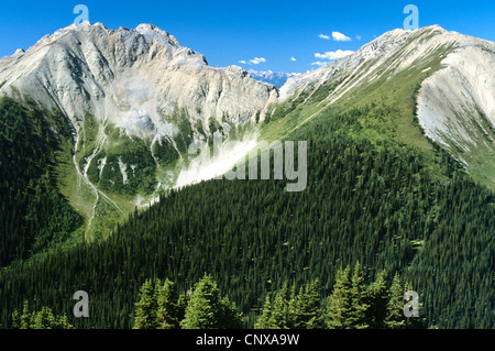 Scenic hike along the Kindersley Sinclair Pass. Bald face mountain peak with rock scree slopes Stock Photo