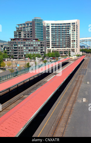 Union station railroad canopy & Pearl district building, Portland OR. Stock Photo