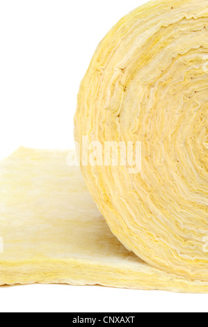 Roll of fiberglass insulation material, isolated on white background. Stock Photo