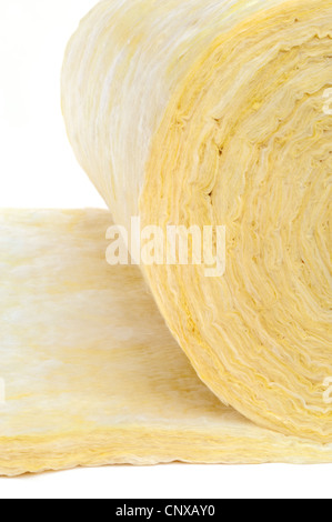 Roll of fiberglass insulation material, isolated on white background. Stock Photo