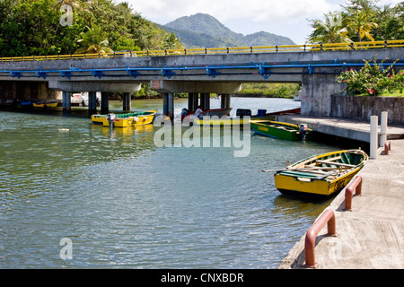 Rowing boats waiting for passengers on the Indian River estuary in Dominica West Indies Stock Photo