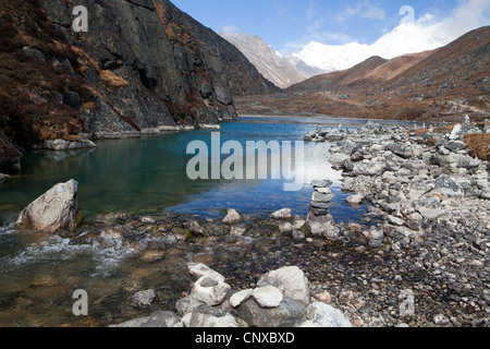 The first of the Gokyo lakes, with Gokyo Ri and Cho Oyu in the distance Stock Photo