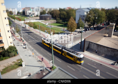 A street scene with a tram, tilt-shift, Berlin, Germany Stock Photo