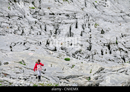 boy walking across the Gottesackerplateau in Kleinwalser Valley, karst landscape, Austria, Allgaeu Alps, Vorarlberg