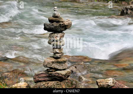 pile of stones at the creek in Oy Valley, Oytal, in Allgaeu, Germany, Bavaria, Allgaeu Alps, Allgaeu Stock Photo