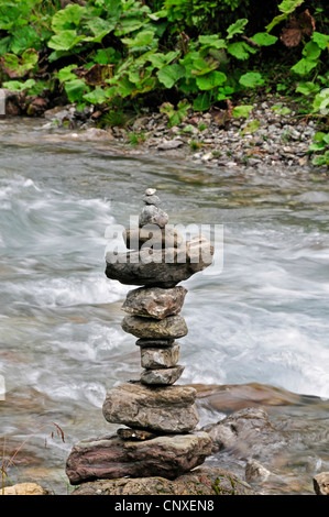 pile of stones at the creek in Oy Valley, Oytal, in Allgaeu, Germany, Bavaria, Allgaeu Alps, Allgaeu Stock Photo