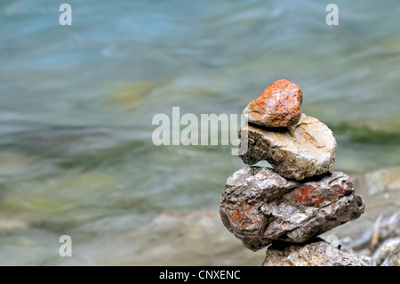 pile of stones at the creek in Oy Valley, Oytal, in Allgaeu, Germany, Bavaria, Allgaeu Alps, Allgaeu Stock Photo