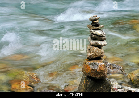 pile of stones at the creek in Oy Valley, Oytal, in Allgaeu, Germany, Bavaria, Allgaeu Alps, Allgaeu Stock Photo