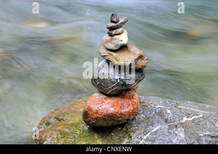 pile of stones at the creek in Oy Valley, Oytal, in Allgaeu, Germany, Bavaria, Allgaeu Alps, Allgaeu Stock Photo