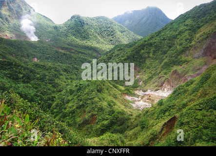 The Valley of Desolation and the steaming Boiling Lake in the distance on the mountainous island of Dominica in the West Indies Stock Photo