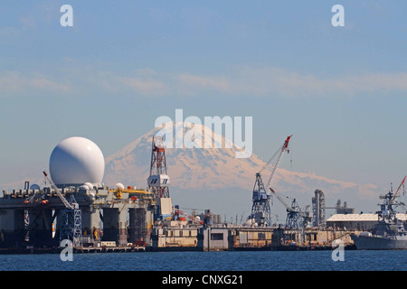 View of Mount Rainier, Washington, United States, from Elliot Bay Stock Photo