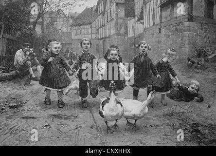 Children playing with geese on a village street, historical engraving, 1883 Stock Photo