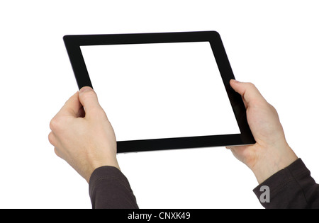 hands are holding the touch screen device Stock Photo